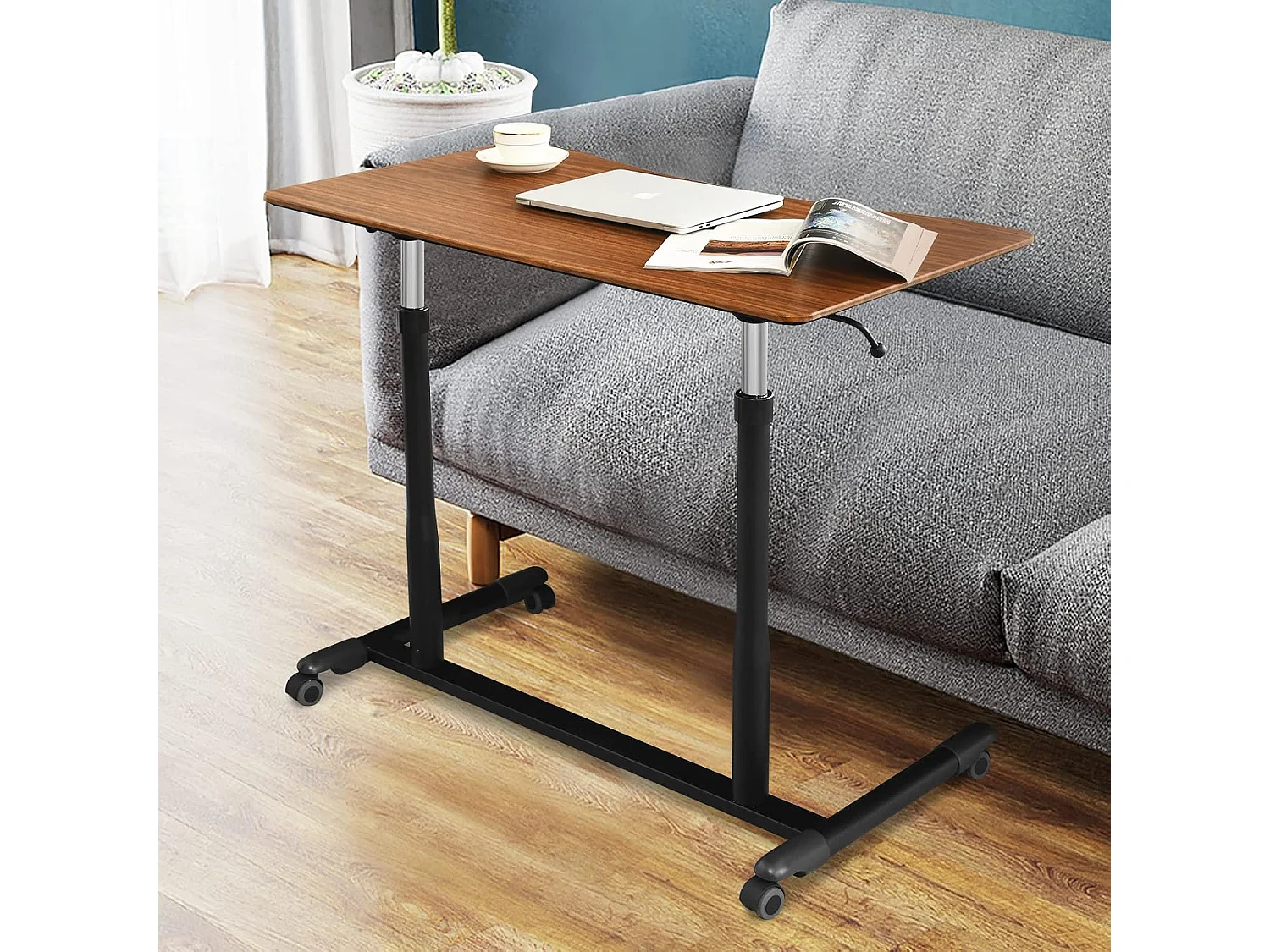 Bureau Assis-Debout à Roulette avec Hauteur Ajustable, Table d'Ordinateur avec Design Morderne, Table de Lit 95x52x70–107cm pour Bureau Chambre (Marron)