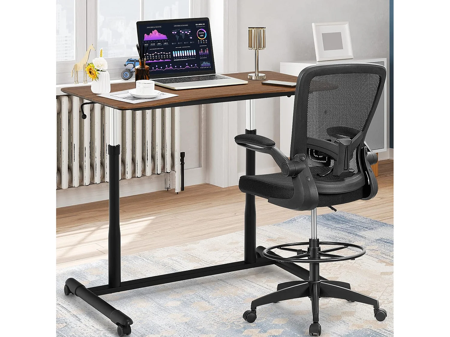 Bureau Assis-Debout à Roulette avec Hauteur Ajustable, Table d'Ordinateur avec Design Morderne, Table de Lit 95x52x70–107cm pour Bureau Chambre (Marron)