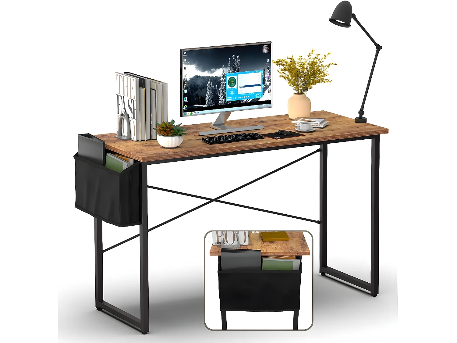 Bureau d'Ordinateur avec Sac de Rangement, Table de Bureau PC de Style Industriel 119 x51x76CM Bois
