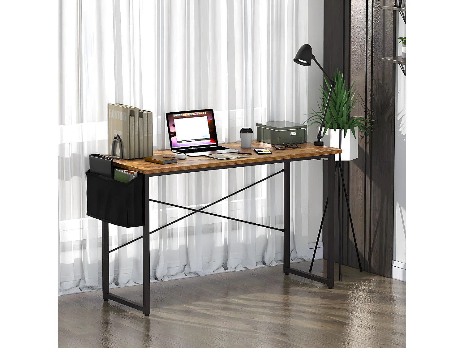 Bureau d'Ordinateur avec Sac de Rangement, Table de Bureau PC de Style Industriel 119 x51x76CM Bois