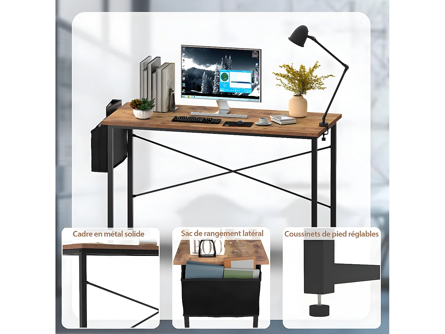 Bureau d'Ordinateur avec Sac de Rangement, Table de Bureau PC de Style Industriel 119 x51x76CM Bois
