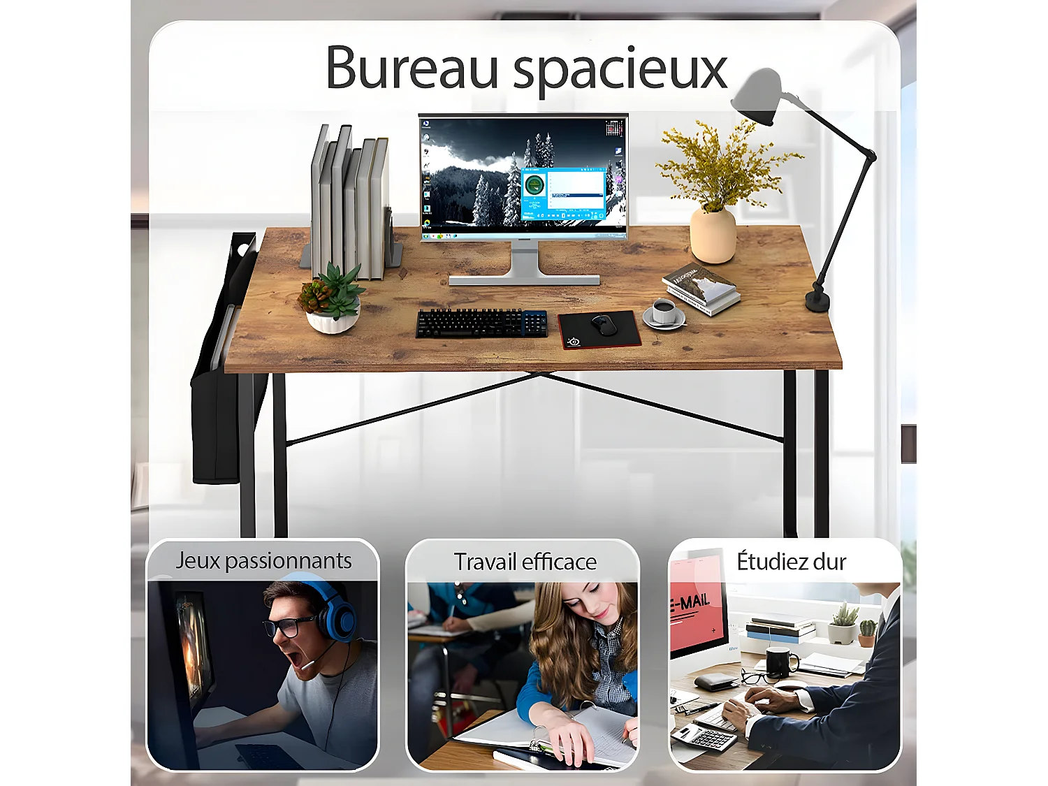 Bureau d'Ordinateur avec Sac de Rangement, Table de Bureau PC de Style Industriel 119 x51x76CM Bois