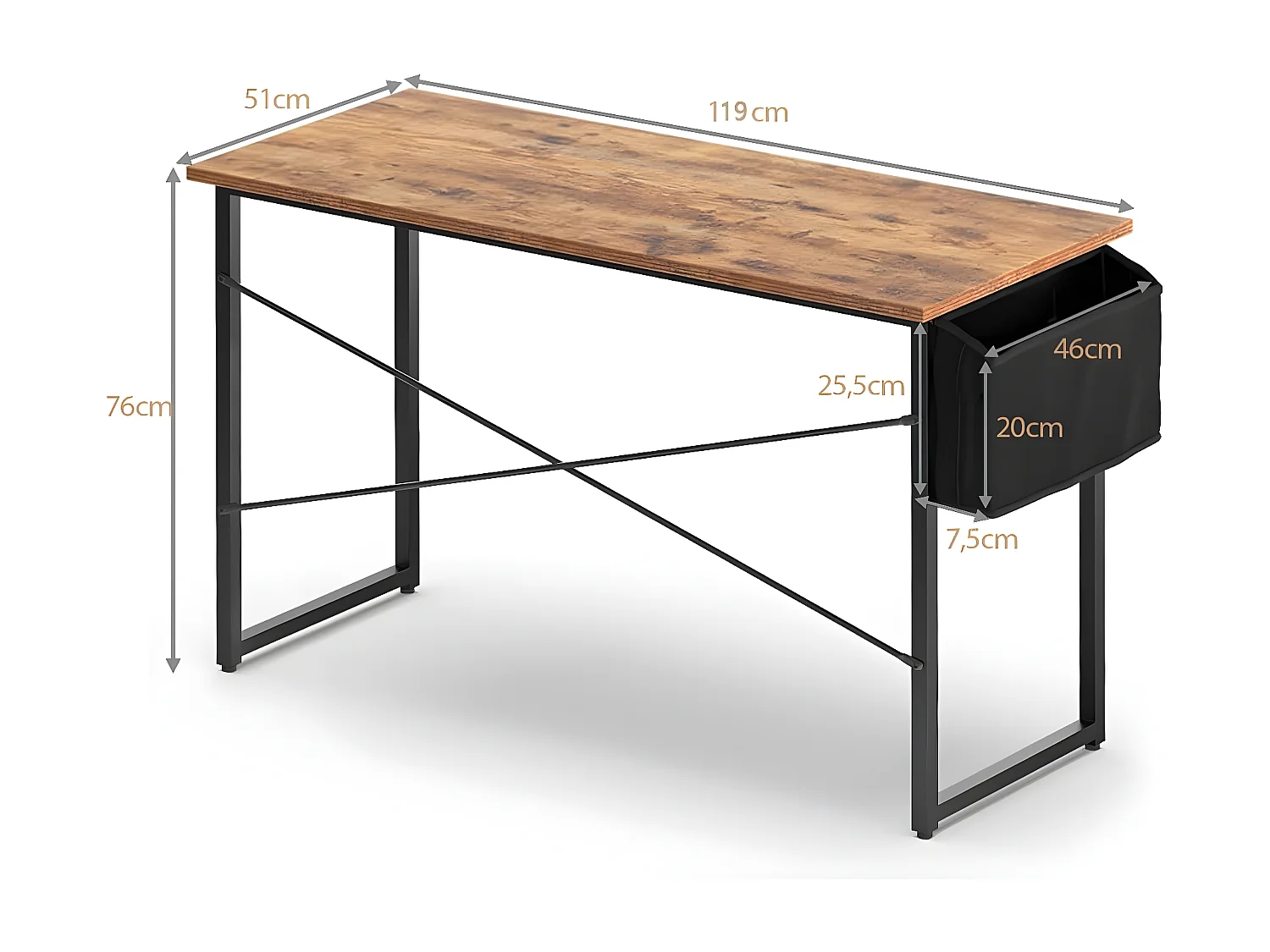 Bureau d'Ordinateur avec Sac de Rangement, Table de Bureau PC de Style Industriel 119 x51x76CM Bois