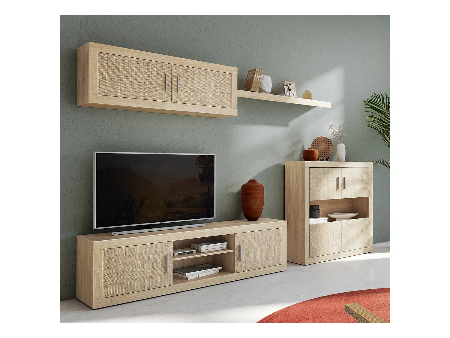 Ensemble de salon, meuble TV + meuble haut + étagère + buffet coloris chêne cambrian, effet textile