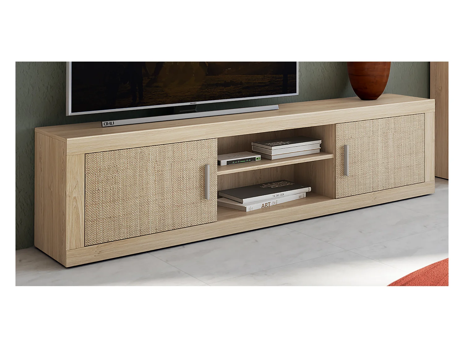 Ensemble de salon, meuble TV + meuble haut + étagère + buffet coloris chêne cambrian, effet textile