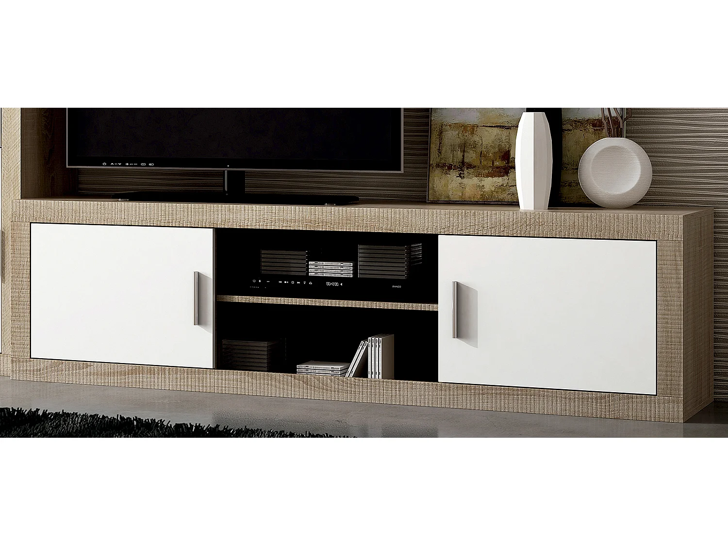 Ensemble de salon, meuble TV + meuble haut + vitrine coloris chêne cambrian, blanc
