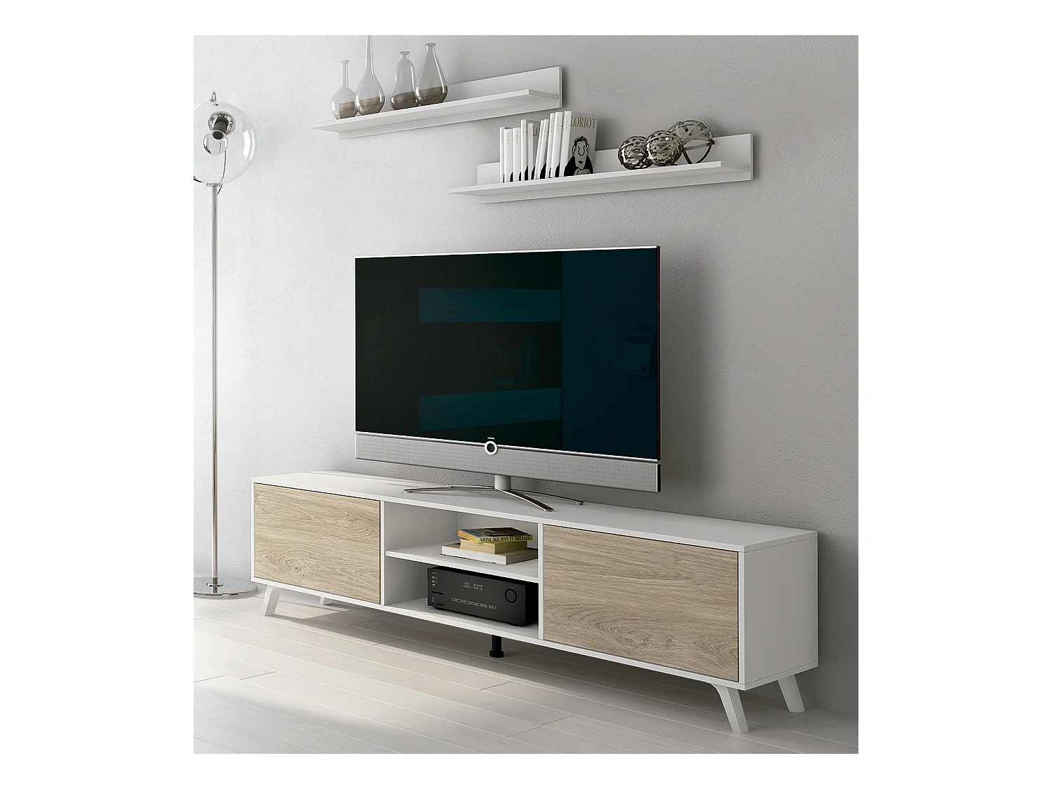 Set de meuble TV et 2 étagères murales coloris blanc/chêne - Longueur 180 x Profondeur 39,6 x Hauteur 49 cm