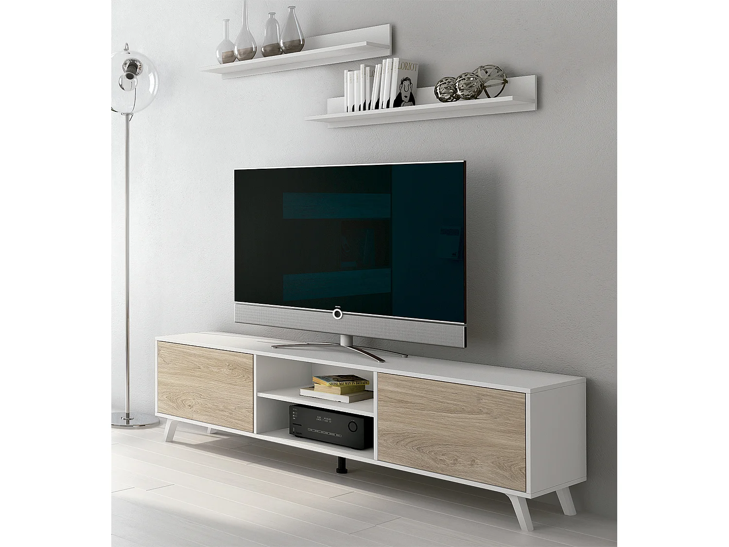 Set de meuble TV et 2 étagères murales coloris blanc/chêne - Longueur 180 x Profondeur 39,6 x Hauteur 49 cm
