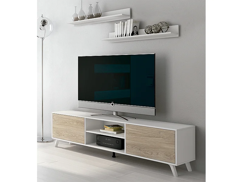 Set de meuble TV et 2 étagères murales coloris blanc/chêne - Longueur 180 x Profondeur 39,6 x Hauteur 49 cm