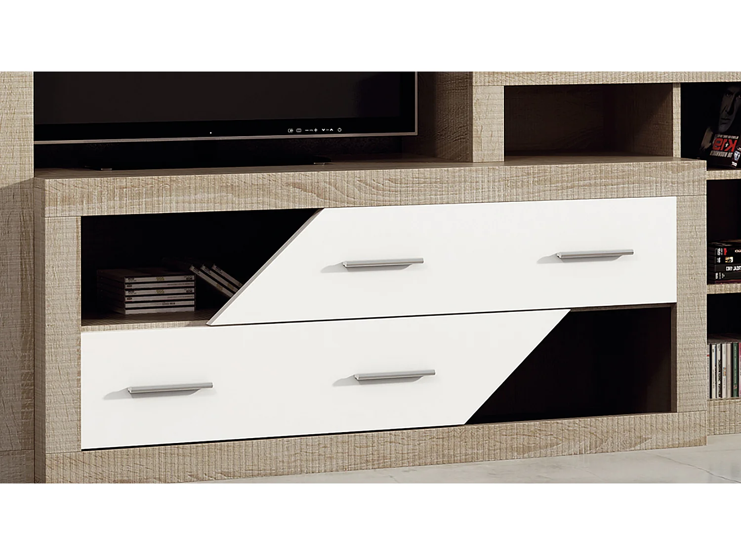 Ensemble de salon, meuble TV + set de 2 étagères murales + meuble bas + vitrine coloris chêne cambrian,blanc