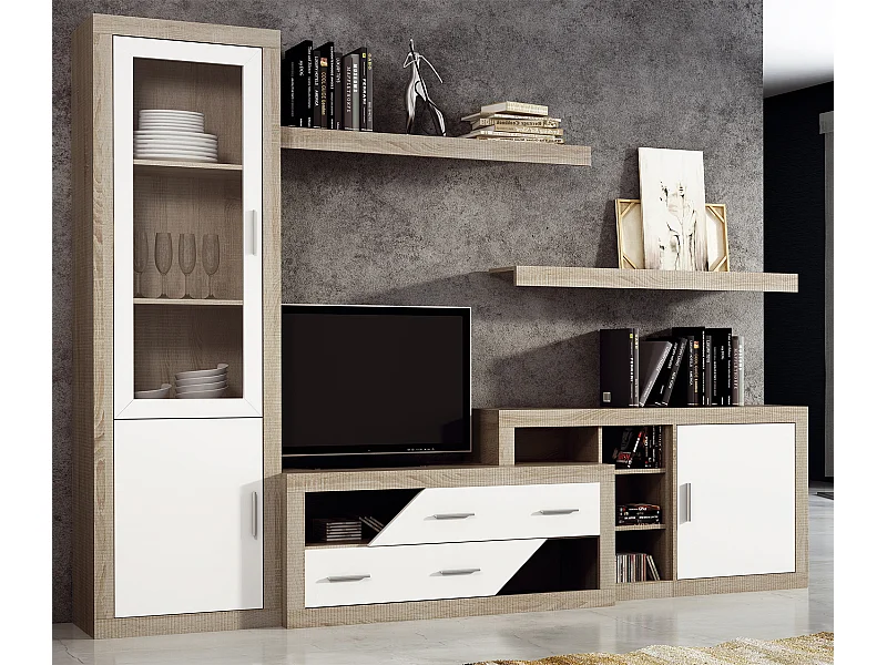Ensemble de salon, meuble TV + set de 2 étagères murales + meuble bas + vitrine coloris chêne cambrian,blanc