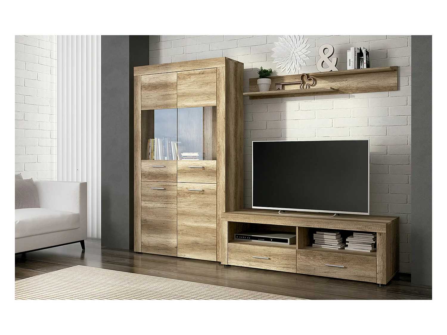 Ensemble de salon meuble TV + 1 étagère murale + vitrine haute coloris chêne chêne vieilli