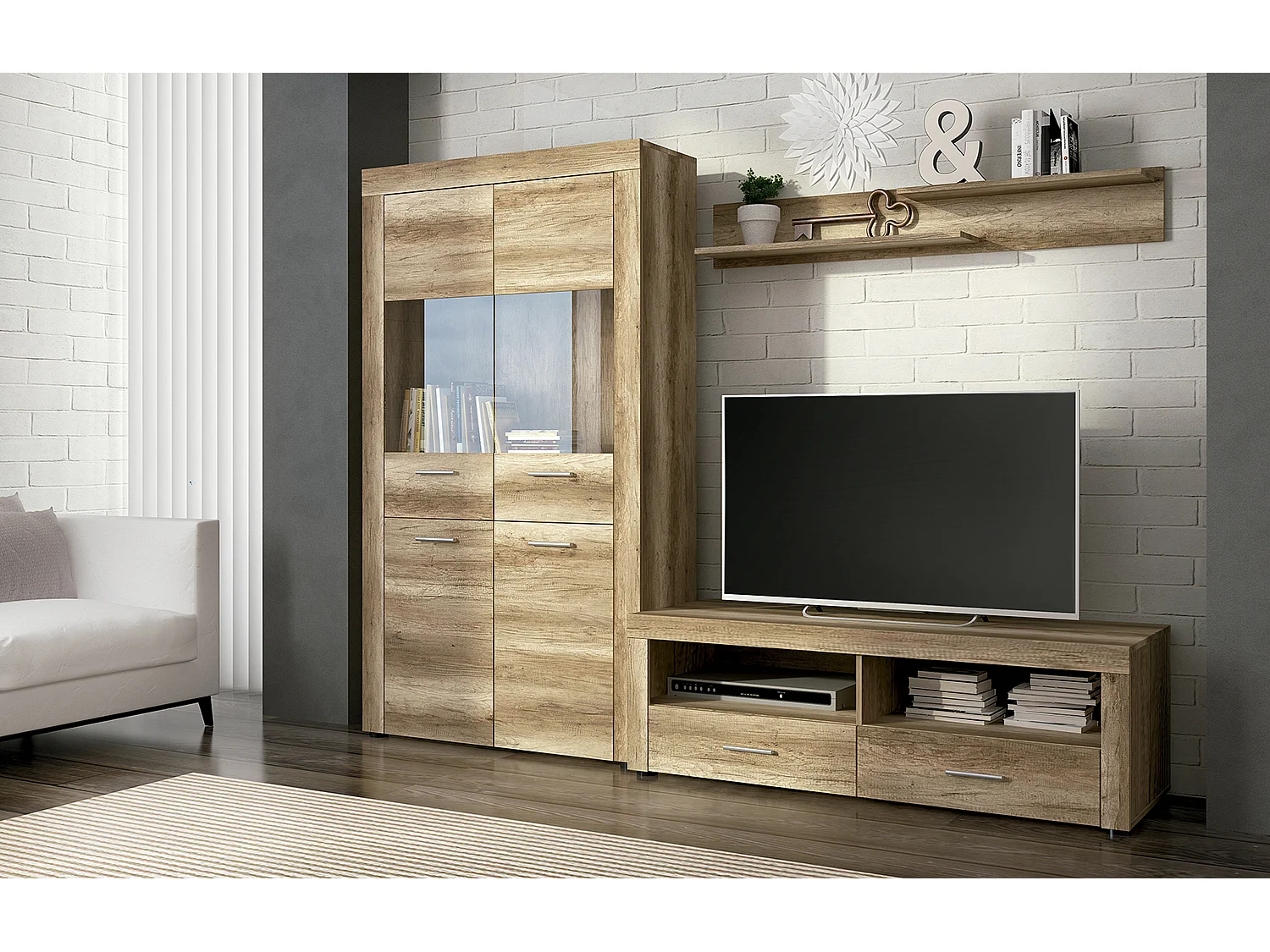 Ensemble de salon meuble TV + 1 étagère murale + vitrine haute coloris chêne chêne vieilli