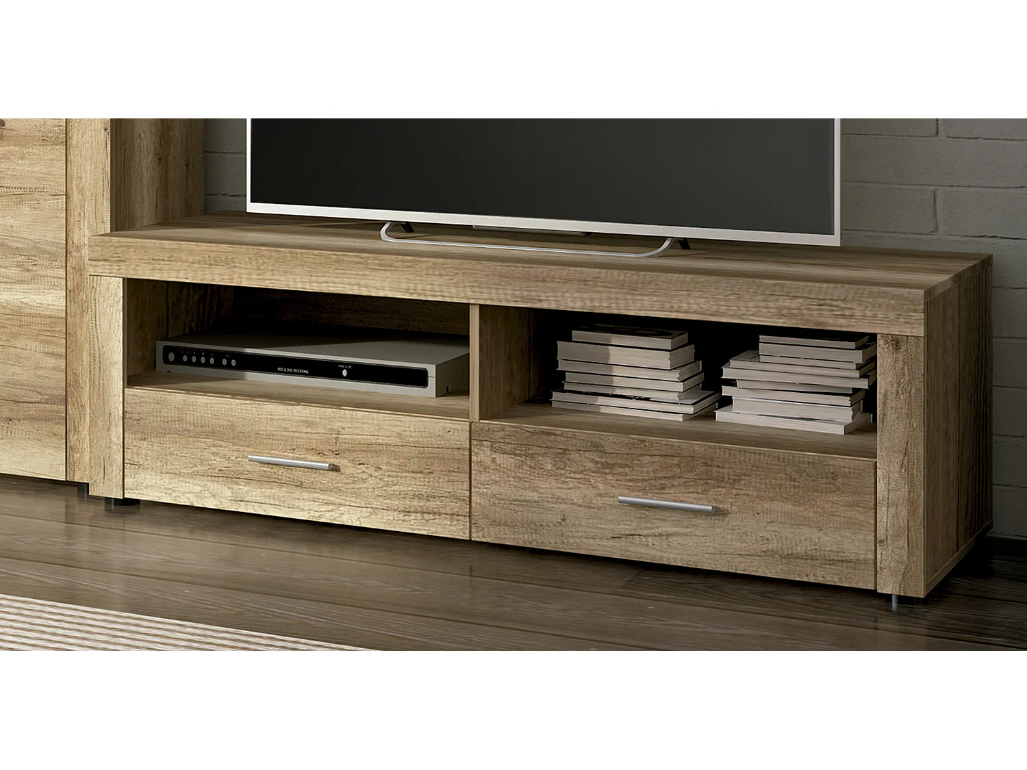 Ensemble de salon meuble TV + 1 étagère murale + vitrine haute coloris chêne chêne vieilli