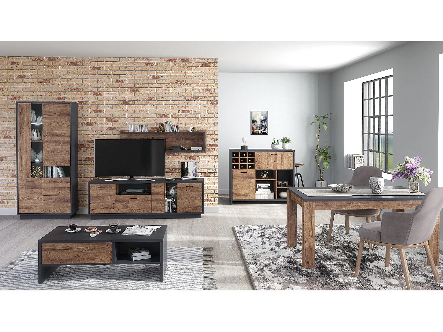 Ensemble de salon, meuble TV + vitrine avec LED + étagère murale + buffet + Table basse + table à manger chêne, graphite