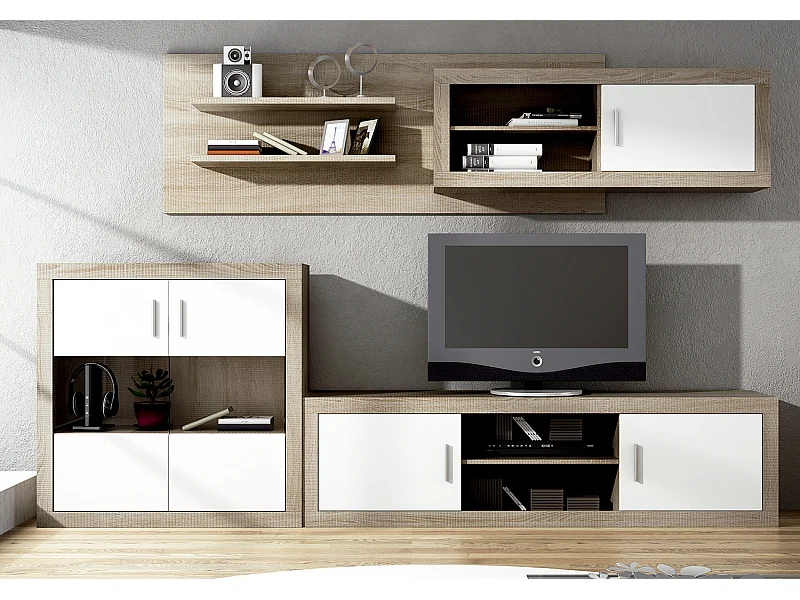 Ensemble de salon, meuble TV + meuble haut + set de 2 étagères + buffet coloris chêne cambrian,blanc