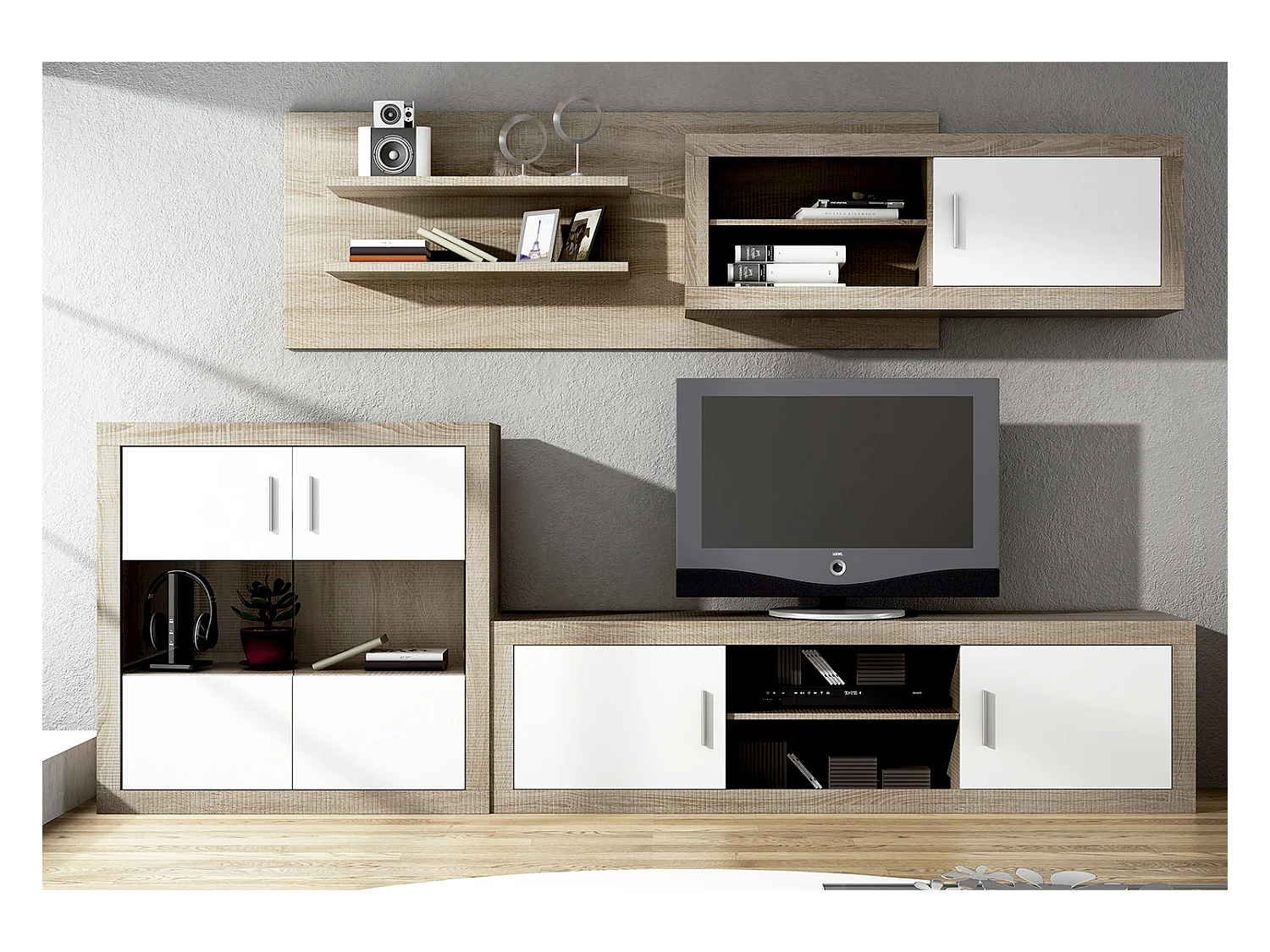 Ensemble de salon, meuble TV + meuble haut + set de 2 étagères + buffet coloris chêne cambrian,blanc