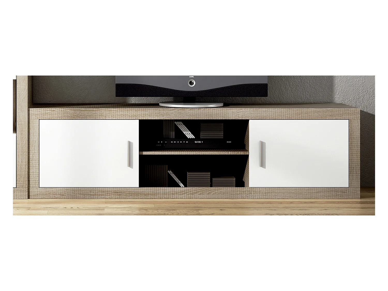 Ensemble de salon, meuble TV + meuble haut + set de 2 étagères + buffet coloris chêne cambrian,blanc