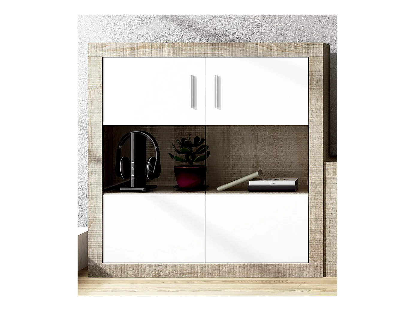 Ensemble de salon, meuble TV + meuble haut + set de 2 étagères + buffet coloris chêne cambrian,blanc