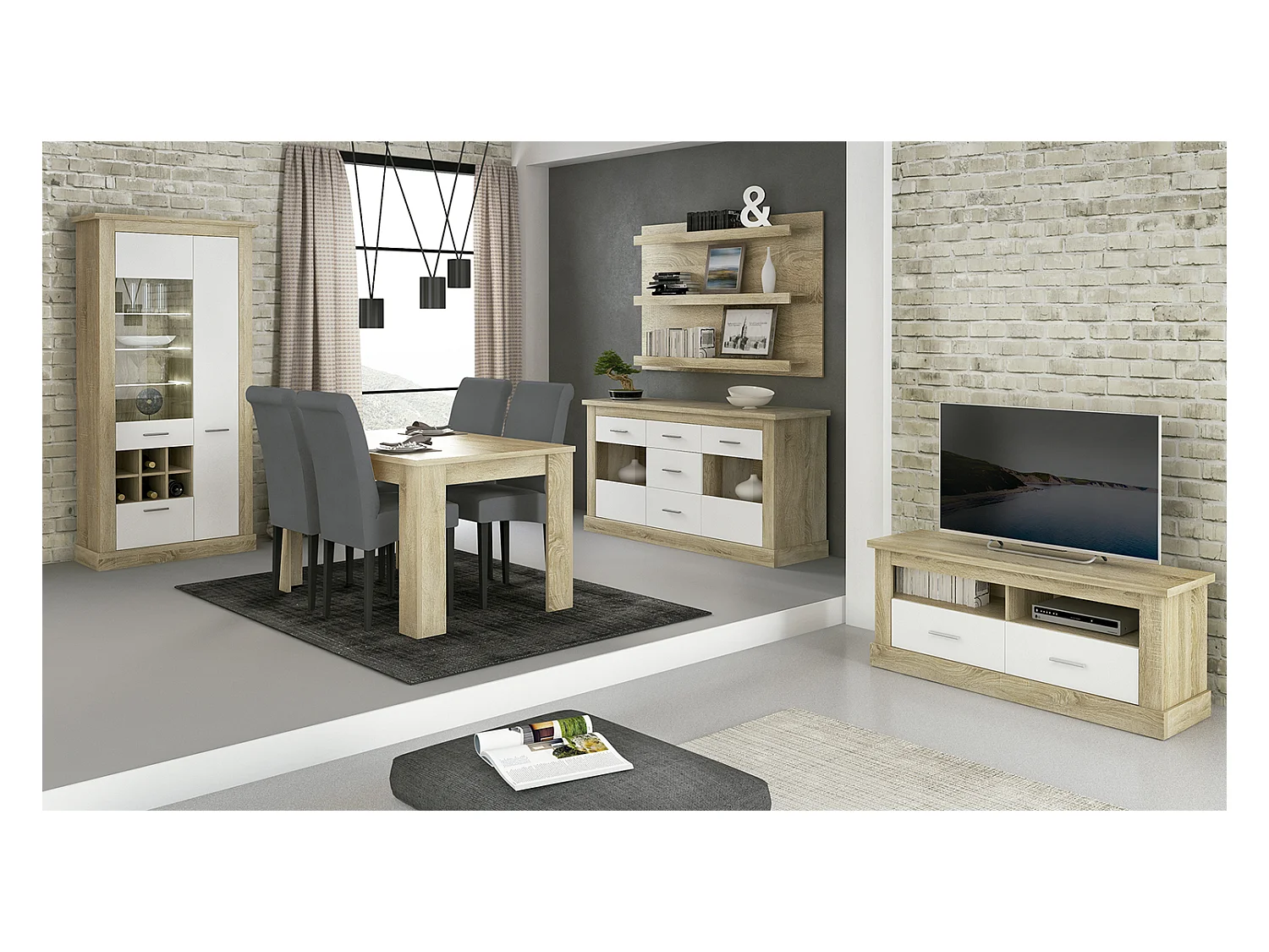 Ensemble de salon complet, meuble TV, étagère murale, vitrine, buffet, table à manger coloris chêne cambrian , blanc