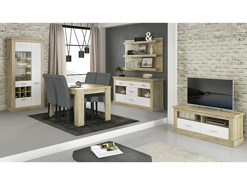 Ensemble de salon complet, meuble TV, étagère murale, vitrine, buffet, table à manger coloris chêne cambrian , blanc
