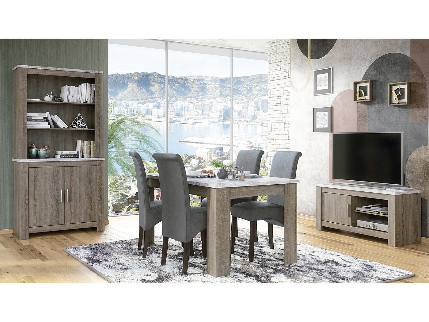 Ensemble de salon complet meuble TV, set de 4 chaises, table à manger