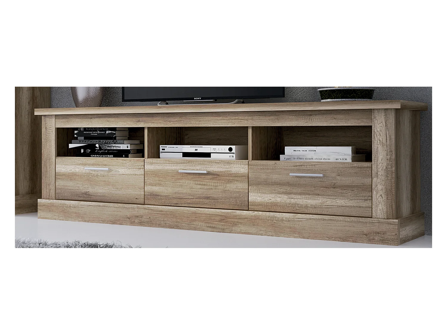 Ensemble de salon meuble TV + étagère murale + vitrine avec LED coloris chêne vieilli