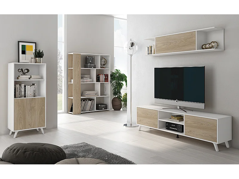 Ensemble de salon meuble TV + 1 étagère murale + Vitrine + bibliothèque coloris chêne cambrian/ blanc