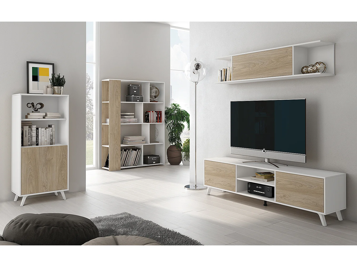Ensemble de salon meuble TV + 1 étagère murale + Vitrine + bibliothèque coloris chêne cambrian/ blanc
