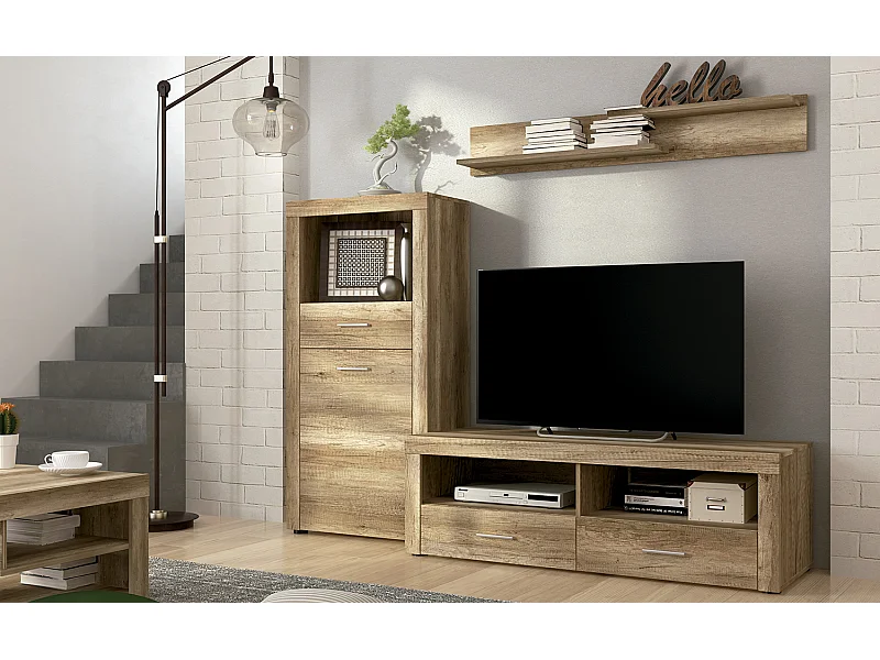 Ensemble de salon meuble TV + étagère murale + buffet coloris chêne chêne vieilli