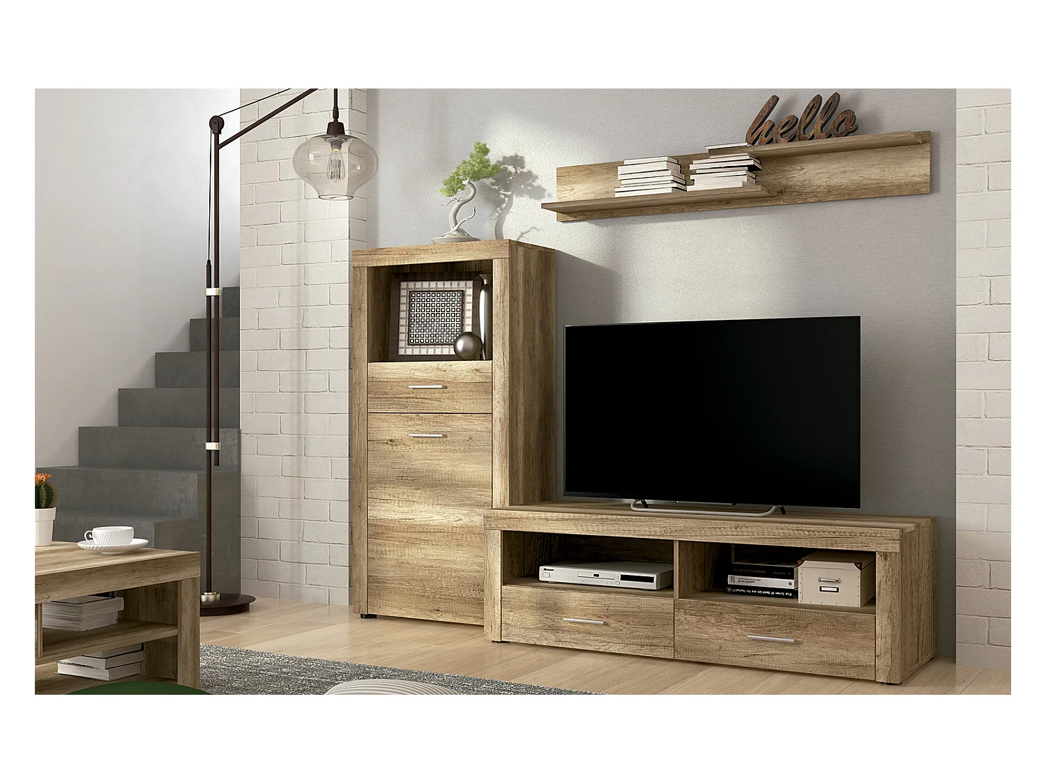 Ensemble de salon meuble TV + étagère murale + buffet coloris chêne chêne vieilli