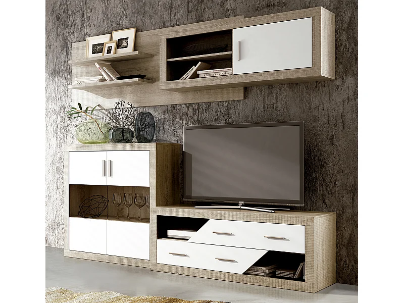 Ensemble de salon, meuble TV + set de 2 étagères murales + meuble haut + buffet coloris chêne cambrian, blanc