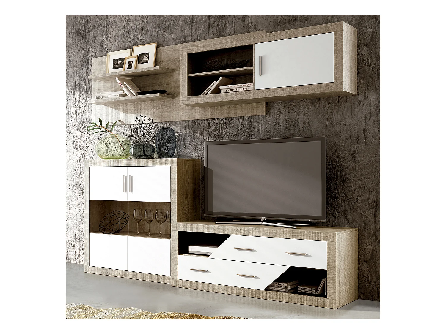 Ensemble de salon, meuble TV + set de 2 étagères murales + meuble haut + buffet coloris chêne cambrian, blanc