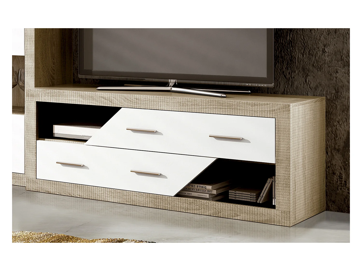 Ensemble de salon, meuble TV + set de 2 étagères murales + meuble haut + buffet coloris chêne cambrian, blanc