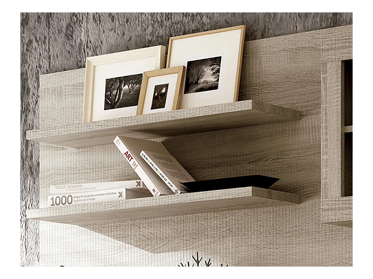 Ensemble de salon, meuble TV + set de 2 étagères murales + meuble haut + buffet coloris chêne cambrian, blanc