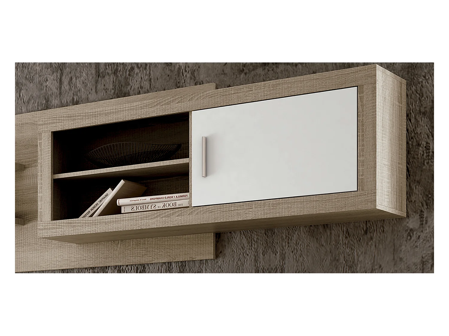 Ensemble de salon, meuble TV + set de 2 étagères murales + meuble haut + buffet coloris chêne cambrian, blanc