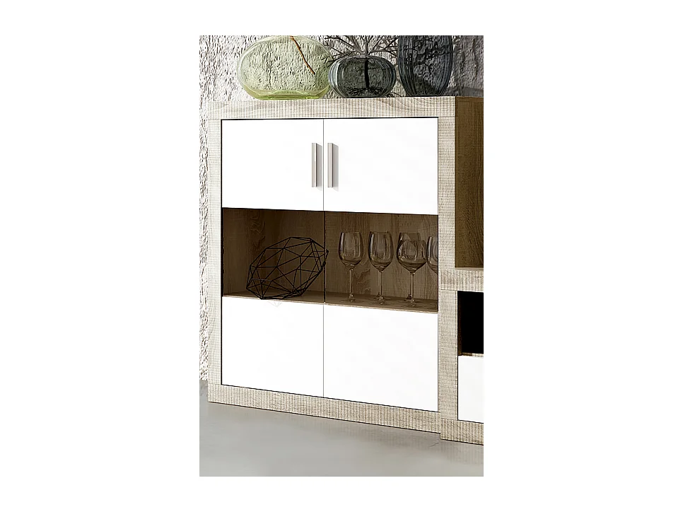 Ensemble de salon, meuble TV + set de 2 étagères murales + meuble haut + buffet coloris chêne cambrian, blanc