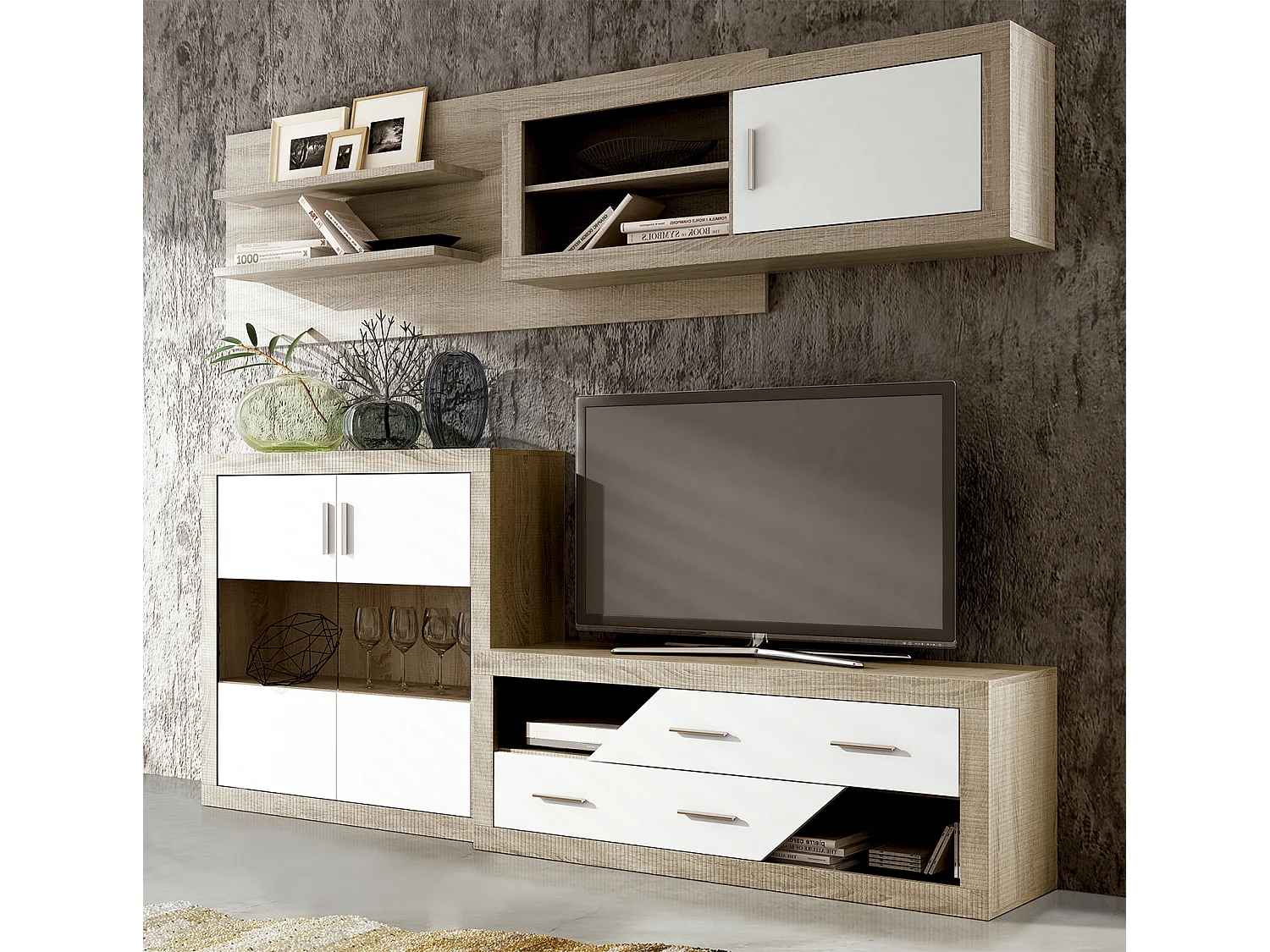 Ensemble de salon, meuble TV + set de 2 étagères murales + meuble haut + buffet coloris chêne cambrian, blanc