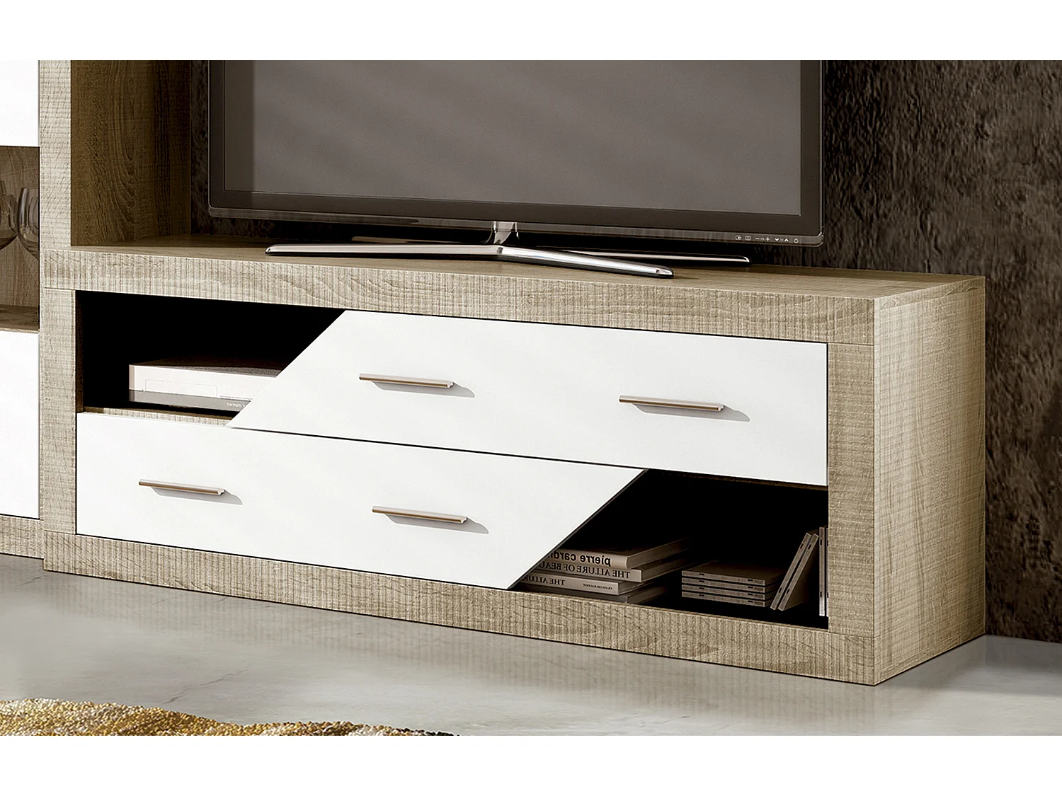 Ensemble de salon, meuble TV + set de 2 étagères murales + meuble haut + buffet coloris chêne cambrian, blanc