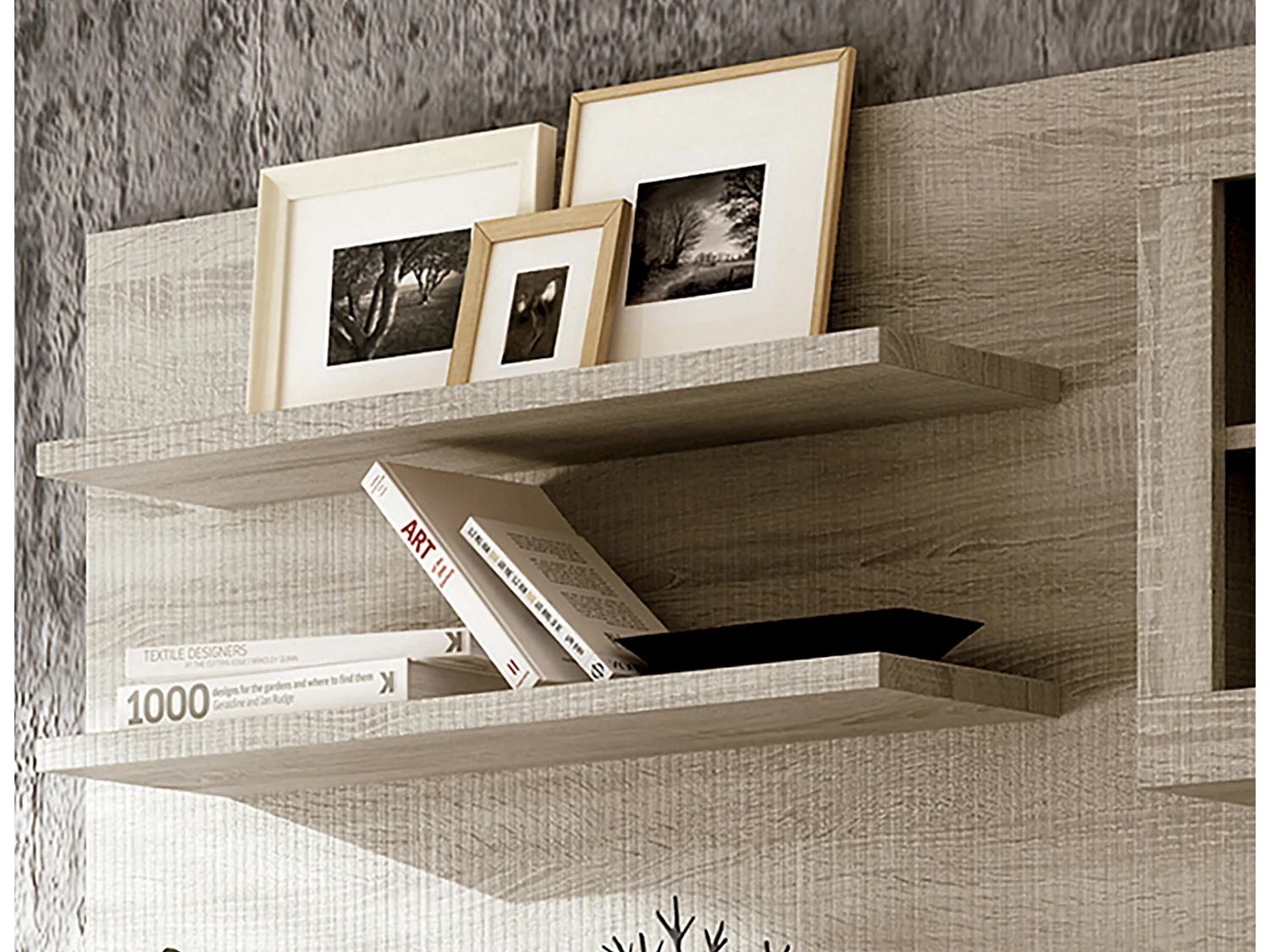 Ensemble de salon, meuble TV + set de 2 étagères murales + meuble haut + buffet coloris chêne cambrian, blanc