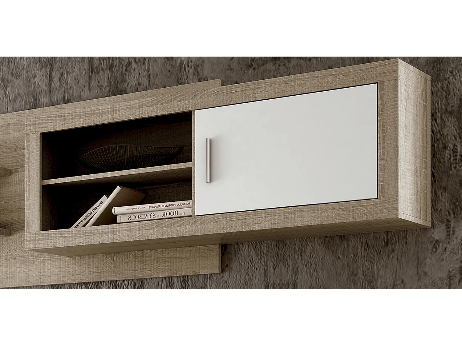 Ensemble de salon, meuble TV + set de 2 étagères murales + meuble haut + buffet coloris chêne cambrian, blanc