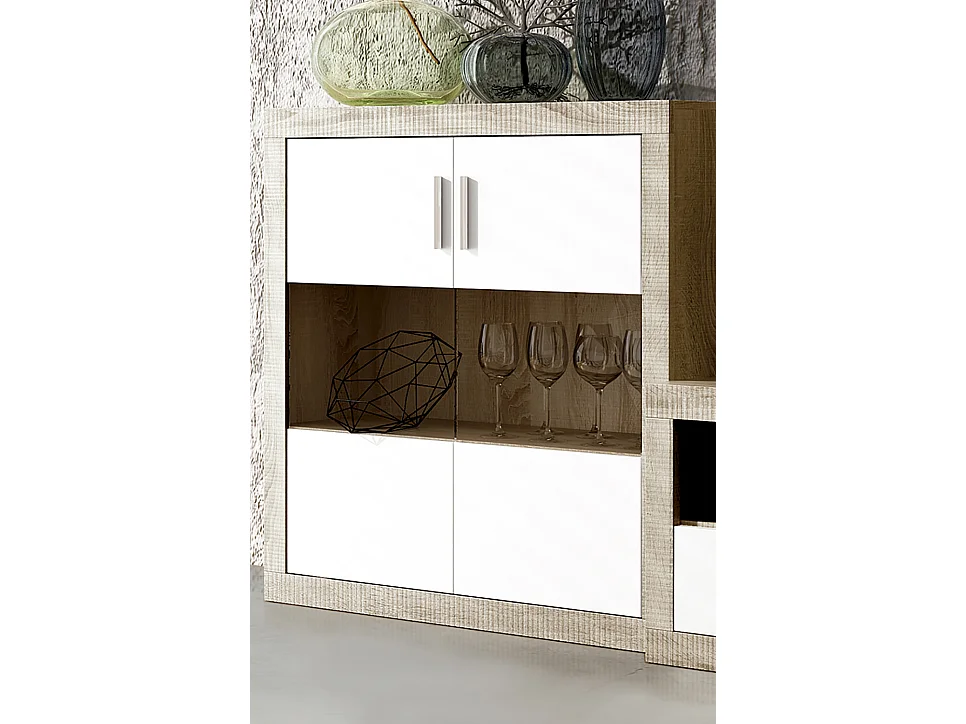 Ensemble de salon, meuble TV + set de 2 étagères murales + meuble haut + buffet coloris chêne cambrian, blanc