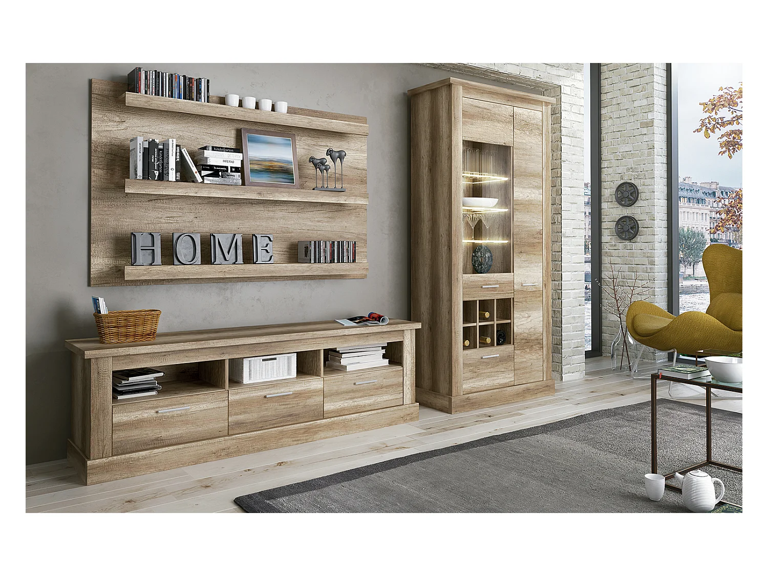 Set de salon, meuble TV + 3 étagères murales + vitrine coloris chêne vieilli
