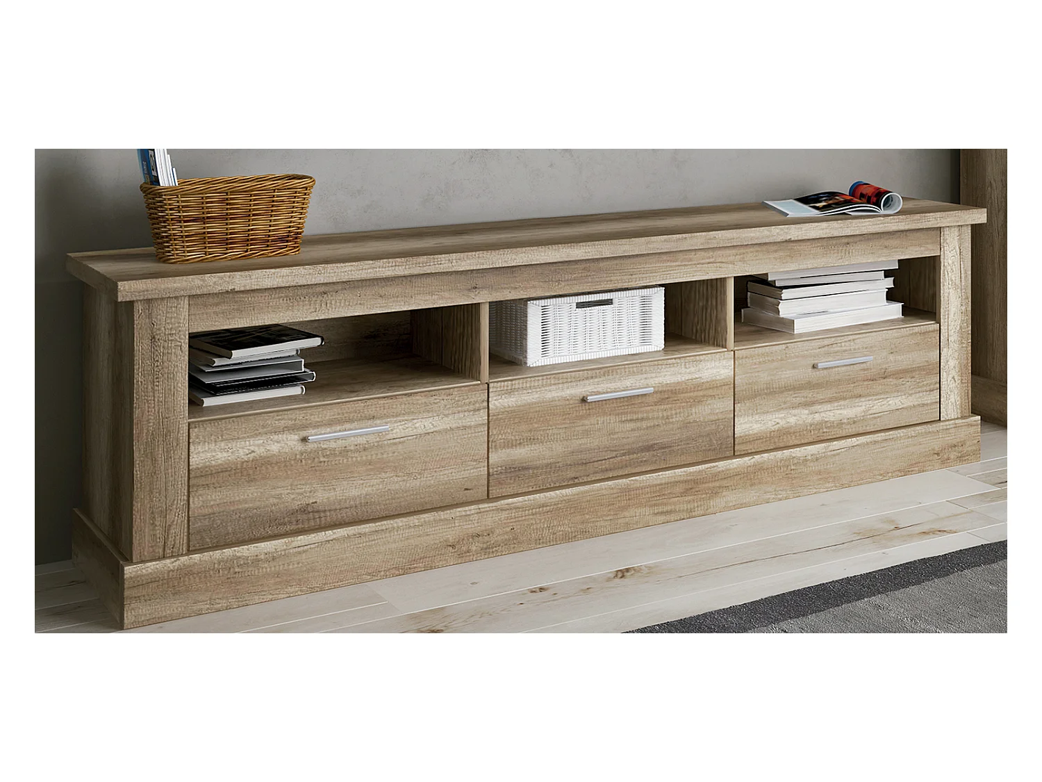 Set de salon, meuble TV + 3 étagères murales + vitrine coloris chêne vieilli