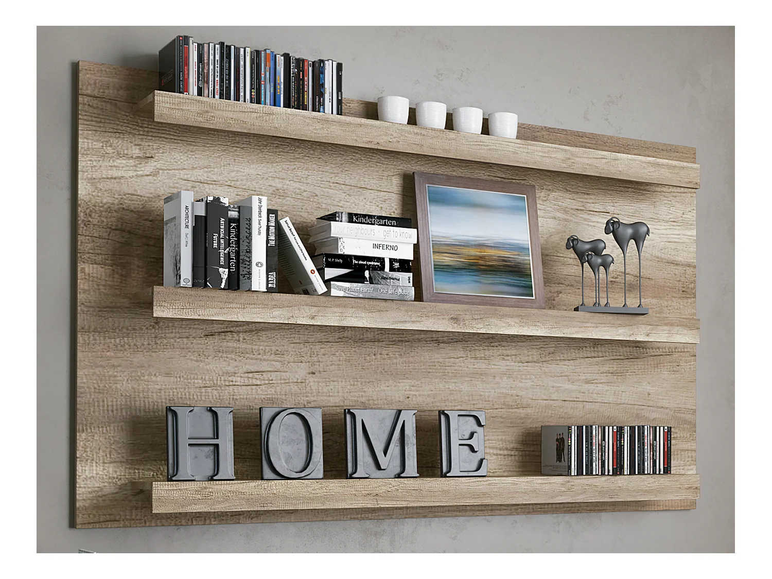 Set de salon, meuble TV + 3 étagères murales + vitrine coloris chêne vieilli