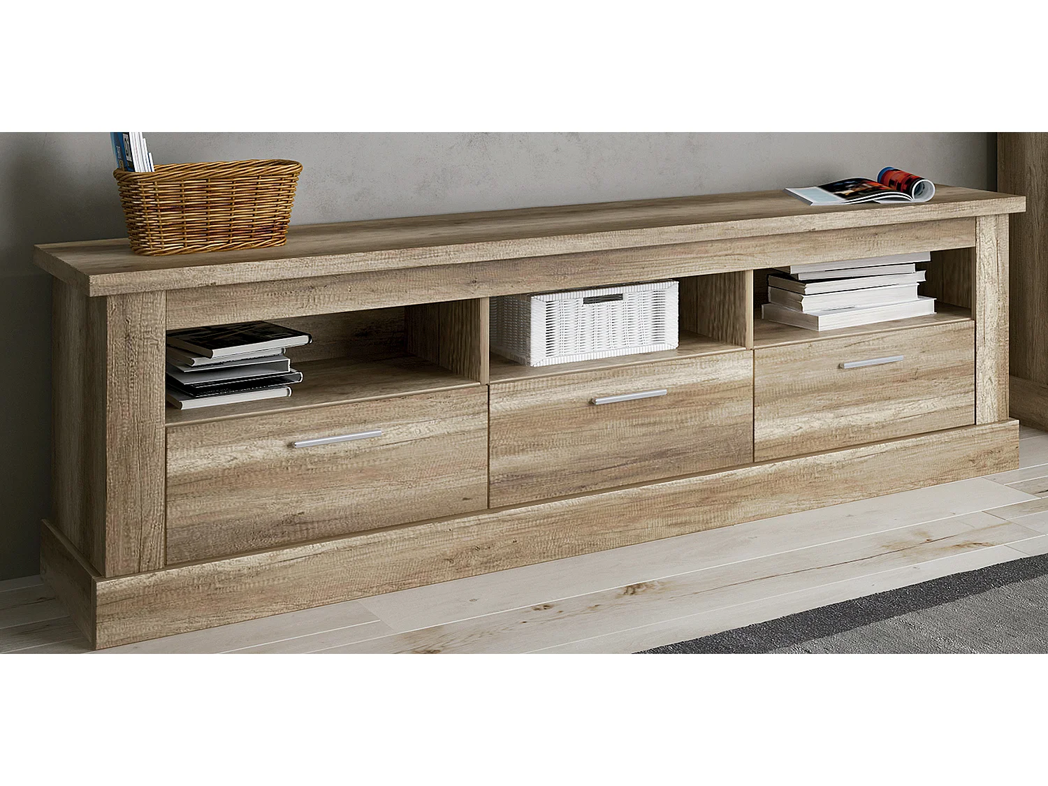 Set de salon, meuble TV + 3 étagères murales + vitrine coloris chêne vieilli