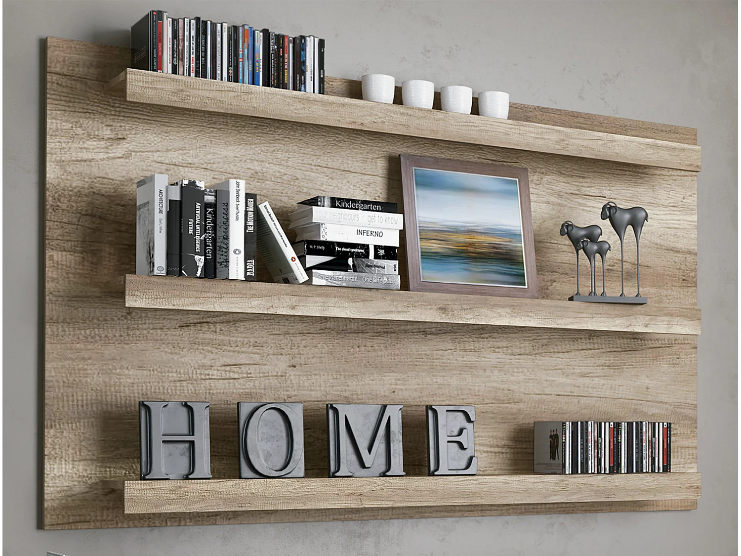 Set de salon, meuble TV + 3 étagères murales + vitrine coloris chêne vieilli