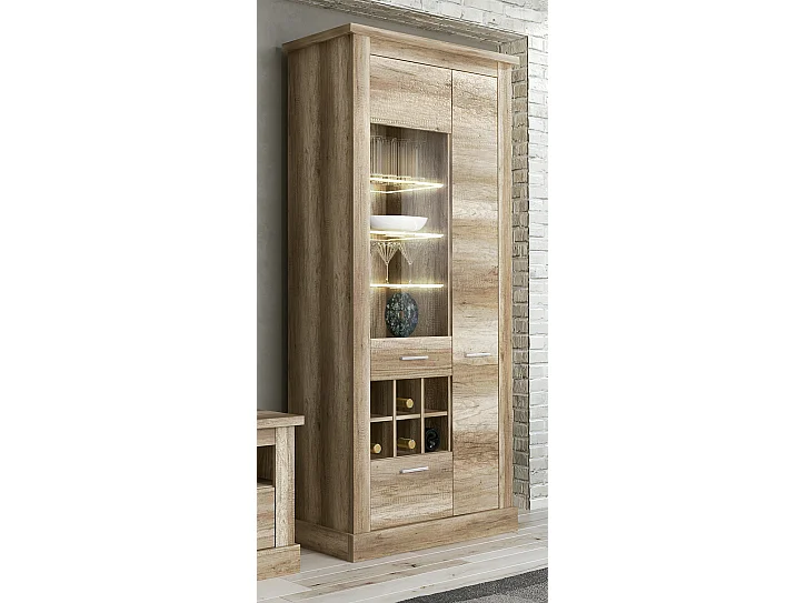 Set de salon, meuble TV + 3 étagères murales + vitrine coloris chêne vieilli