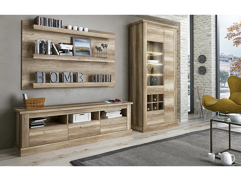 Set de salon, meuble TV + 3 étagères murales + vitrine coloris chêne vieilli