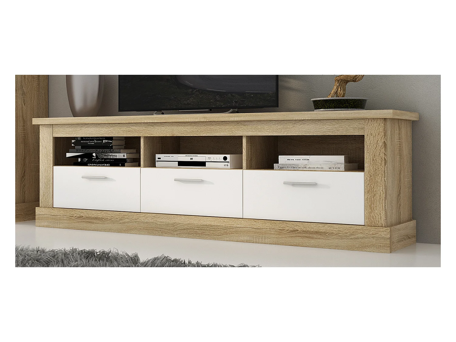 Ensemble de salon meuble TV + set de 2 étagères murales + vitrine avec LED coloris chêne cambrian, blanc
